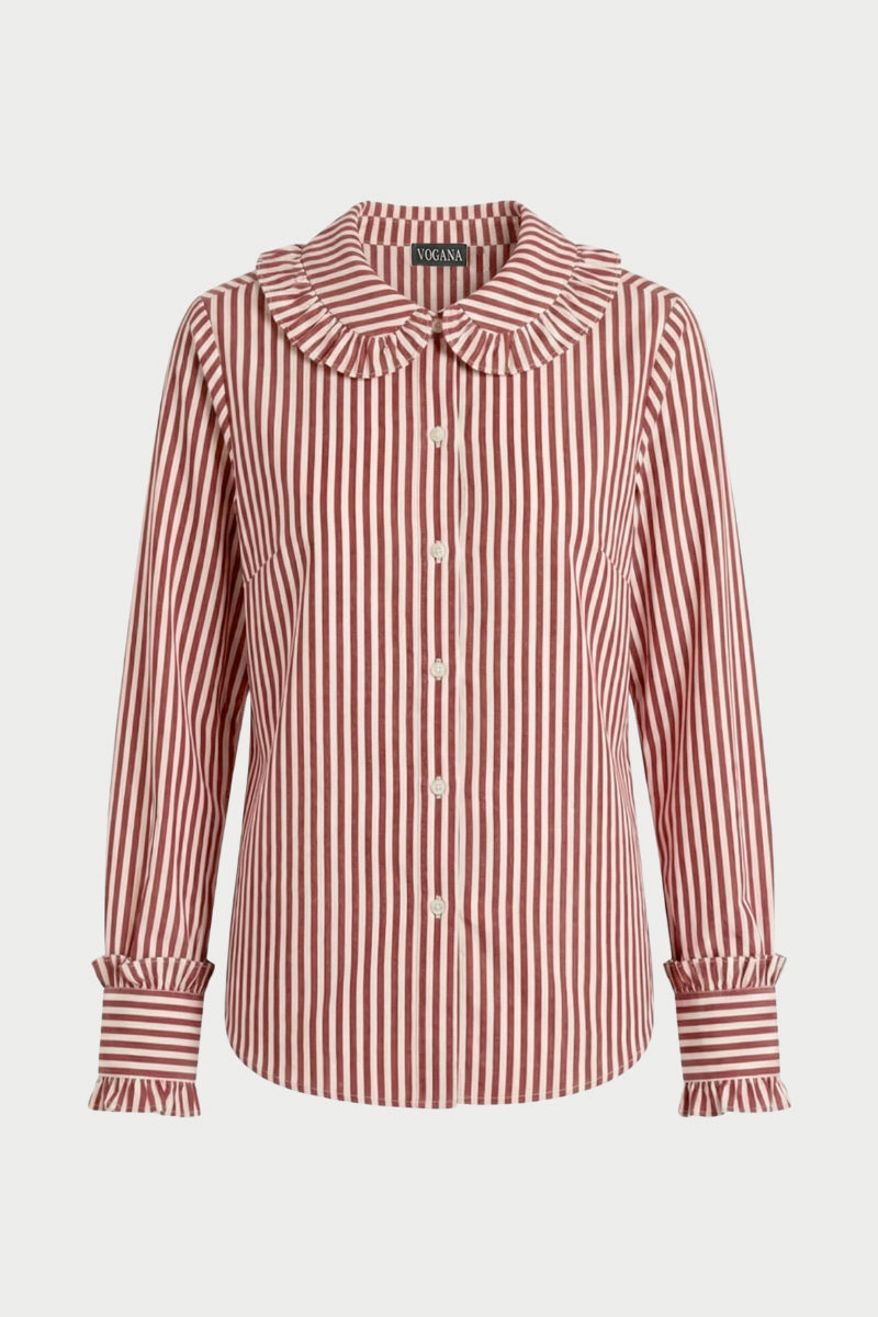 Camisa de rayas roja y blanca con pequeño volante en el cuello