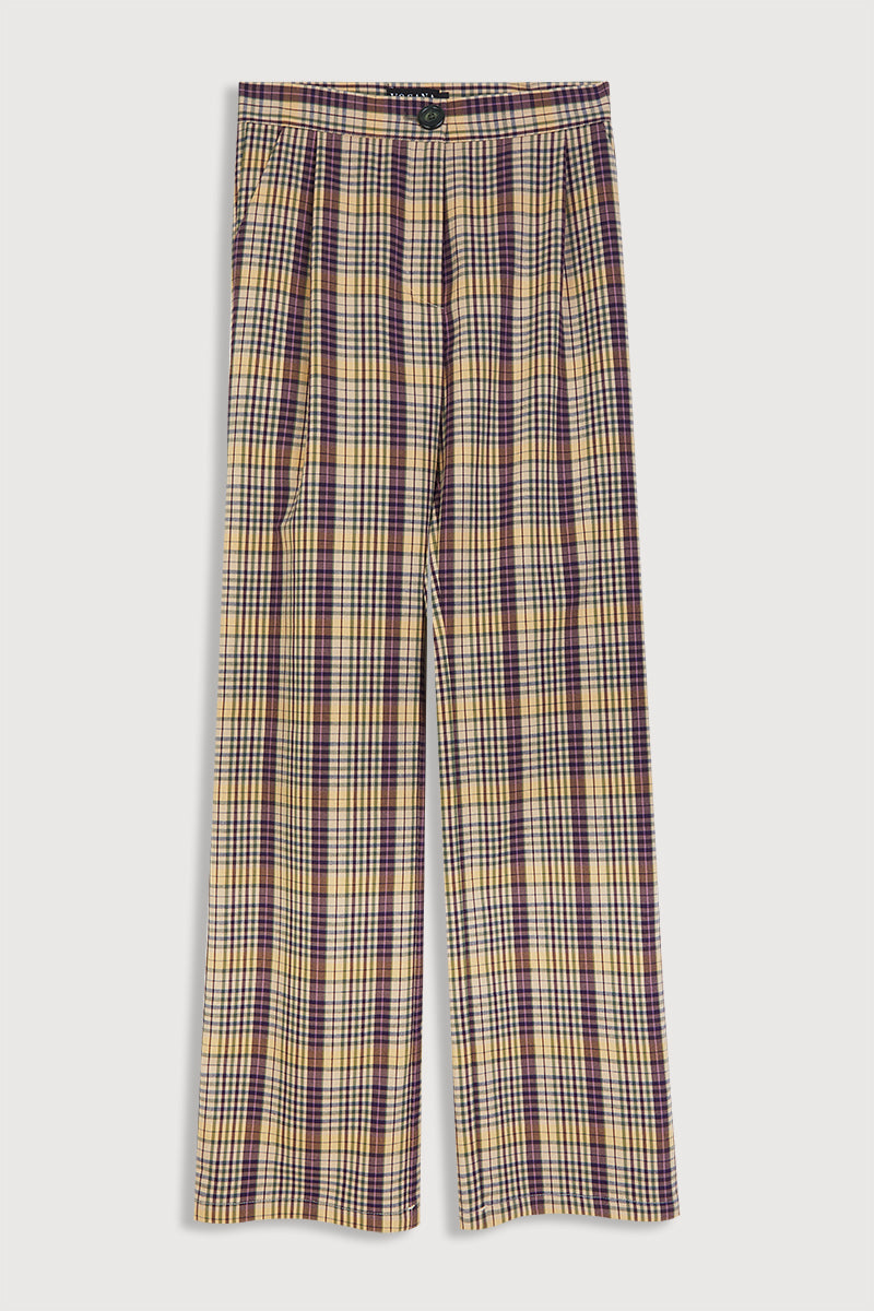 Pantalón de pinzas y pernera recta con estampado de cuadros.