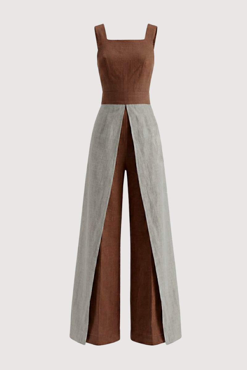 Mono de tirantes cruzados en color marrón con pieza superpuesta a contraste desde la cintura.