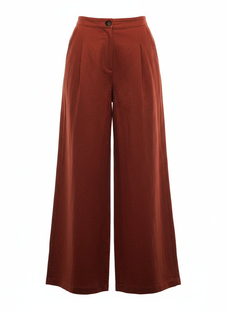 Pantalón palazzo con pinzas en color caldera. Este pantalón de talle alto está confeccionado en lino y algodón. 