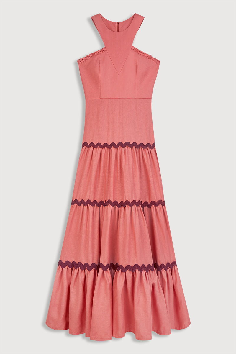 Vestido de fiesta de lino rosa y detalles bordados 3