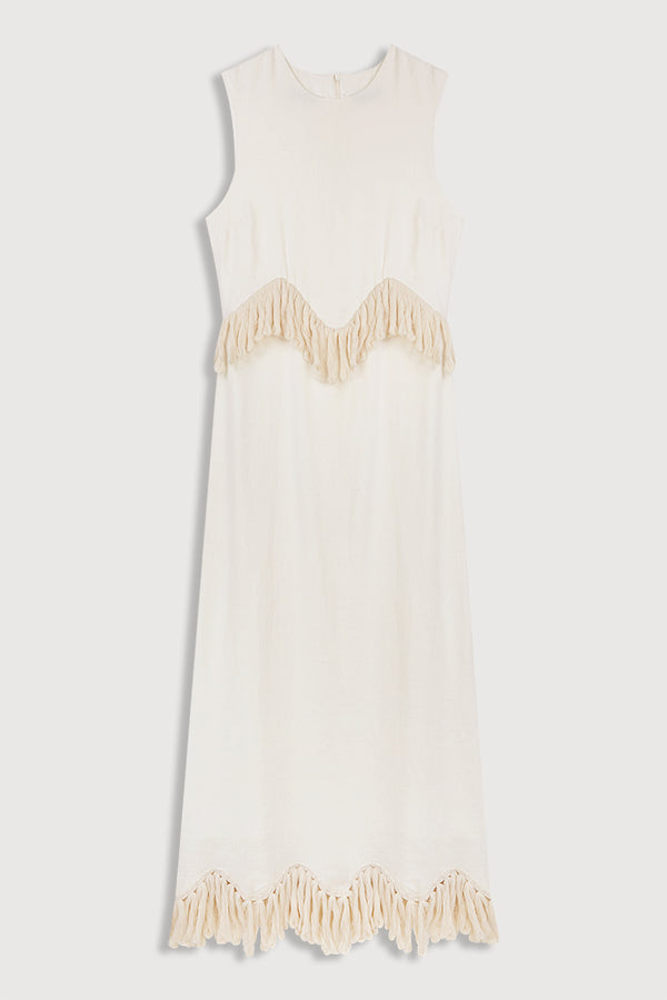 Vestido de Fiesta Midi de lino blanco y Flecos